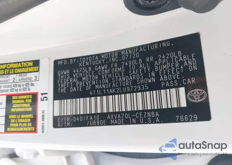 2020 Toyota Camry Le из США, поврежденный, VIN 4T1L11AK2LU972935